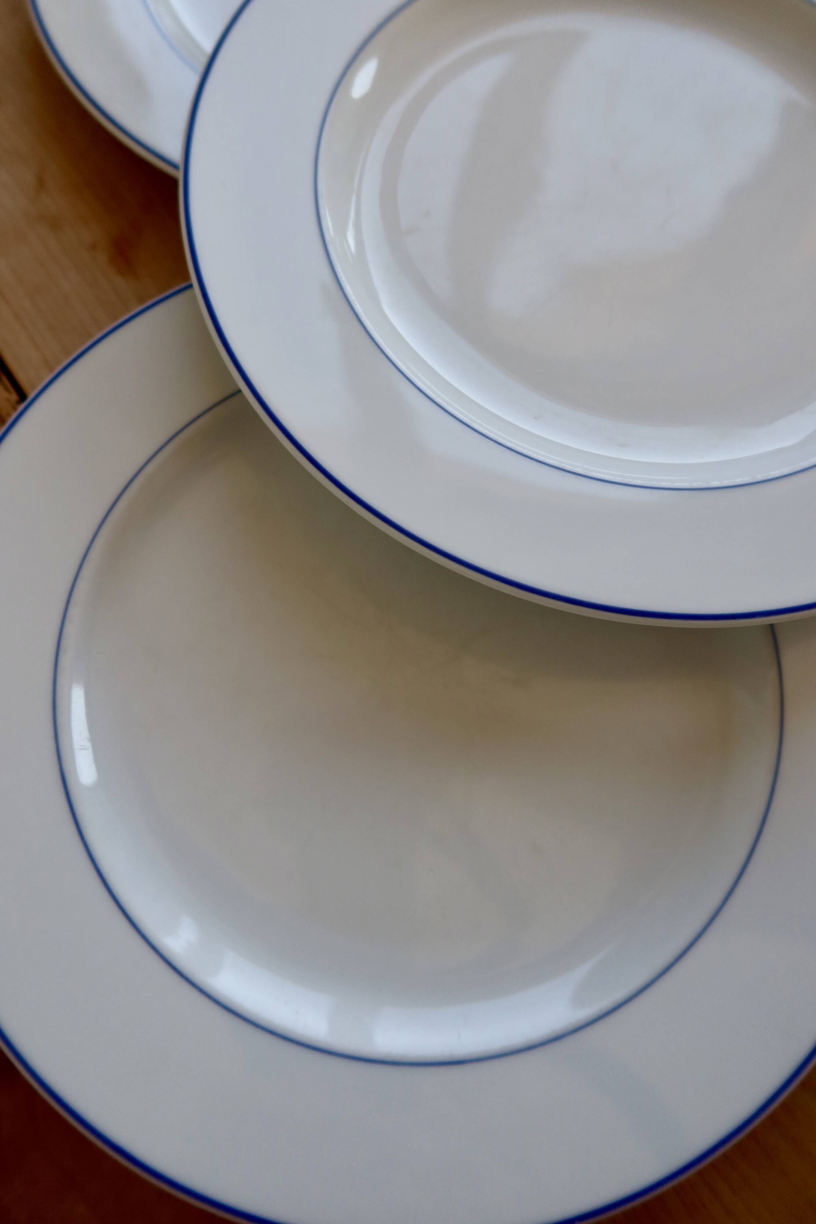 4 vintage porcelain dessert plates - Double blue borders - Bistro style