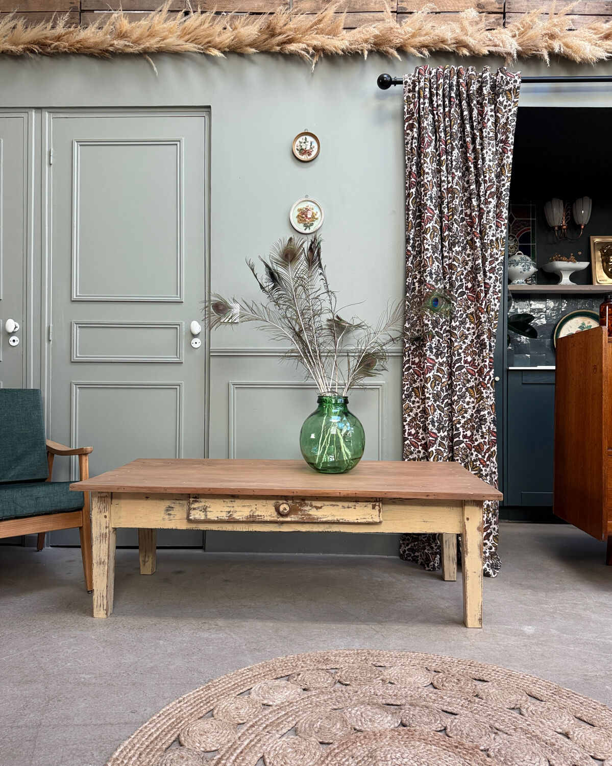 Large patinated farmhouse coffee table