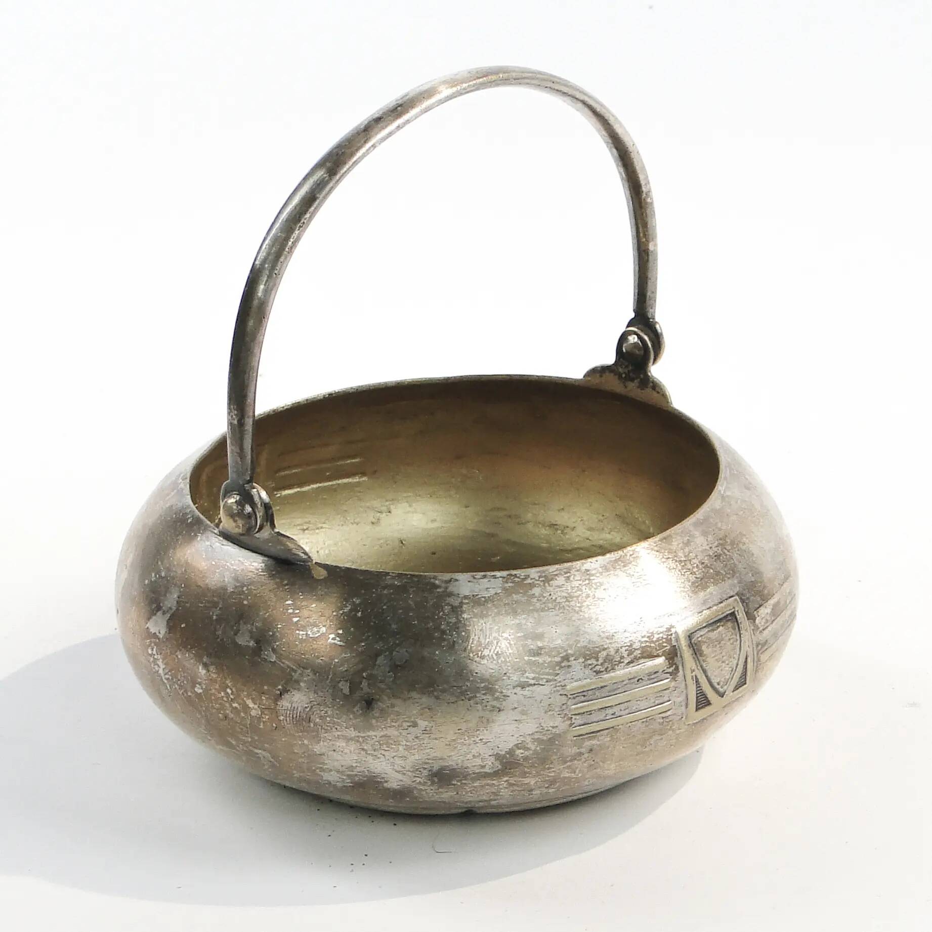 Art Deco sugar bowl, silver-plated brass, Henneberg Brothers, Poland, 1920s