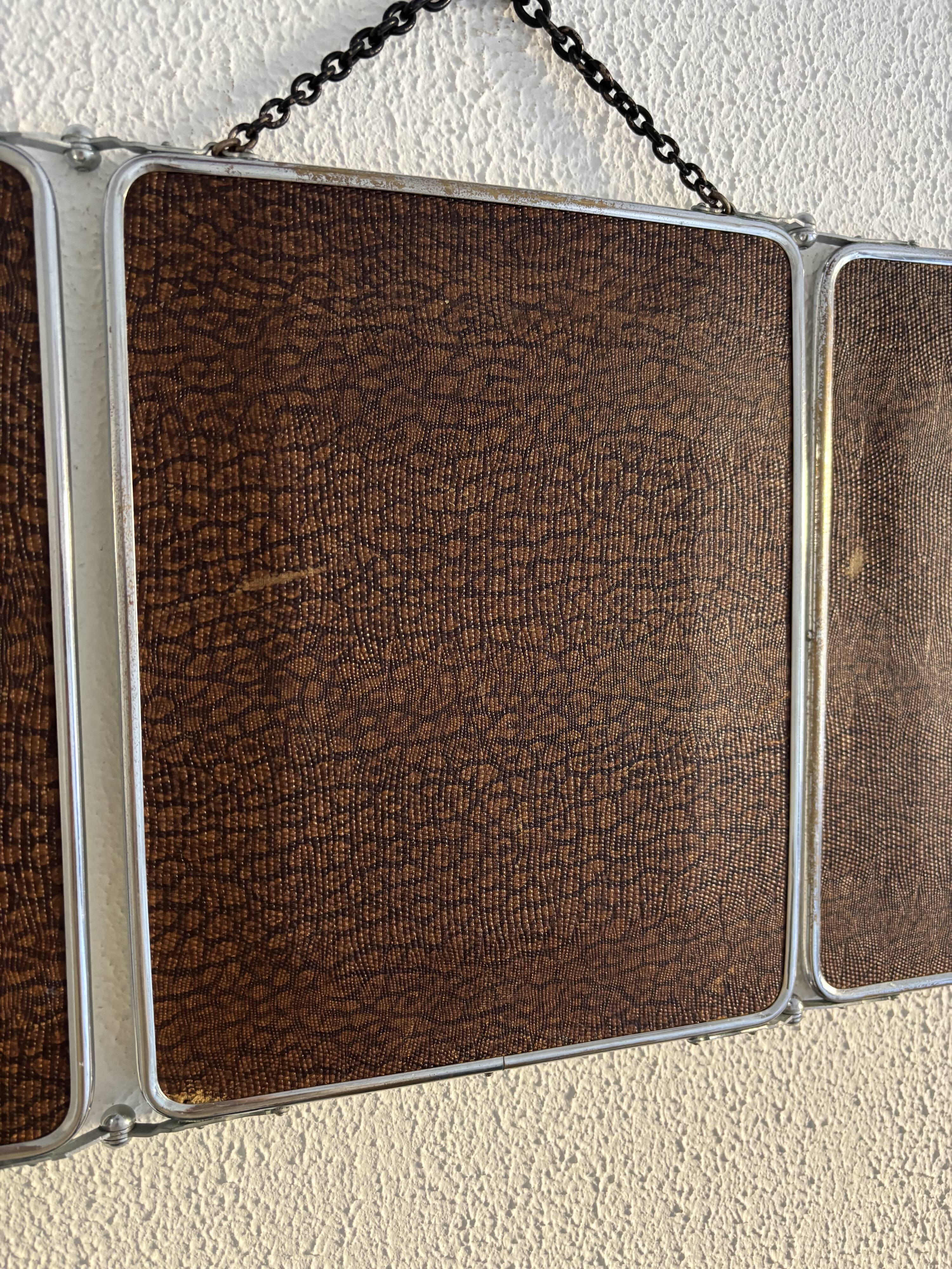 Vintage 1940s triptych barber mirror, bevelled chrome, snake imitation - 31 x
