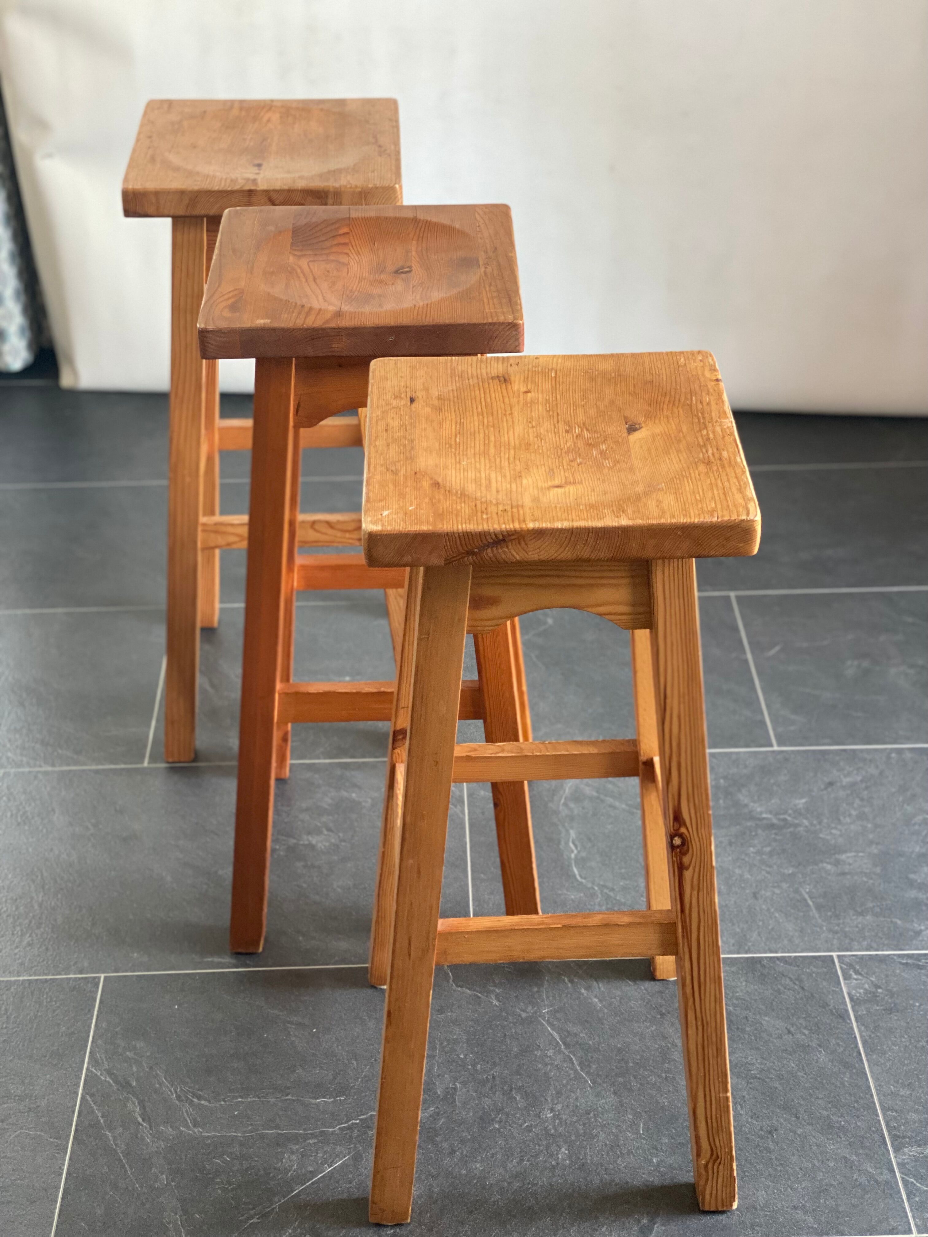 Trio of vintage pine wood bar stools