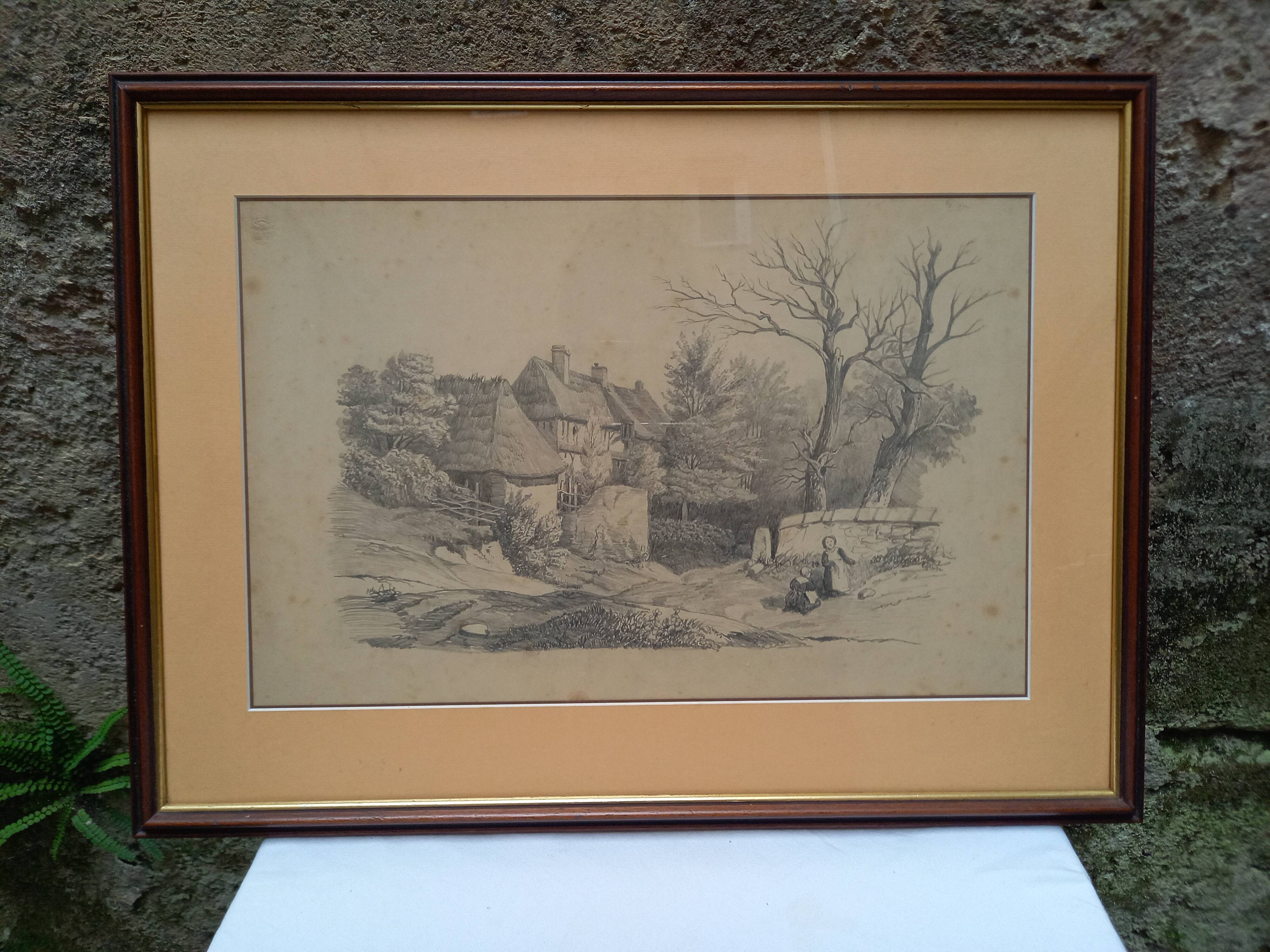 Antique pencil drawing, thatched cottages, rural landscape, framed