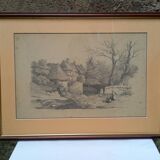 Antique pencil drawing, thatched cottages, rural landscape, framed