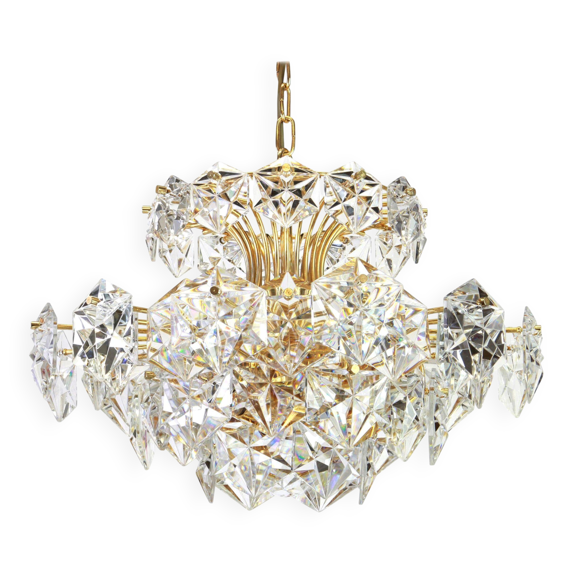 Chandelier in gilded brass and crystal glass by Kinkeldey, Germany, 1970s.