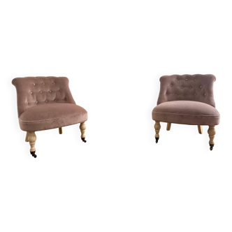 Paire de Fauteuils Crapaud en Velours de Coton Rose Poudré