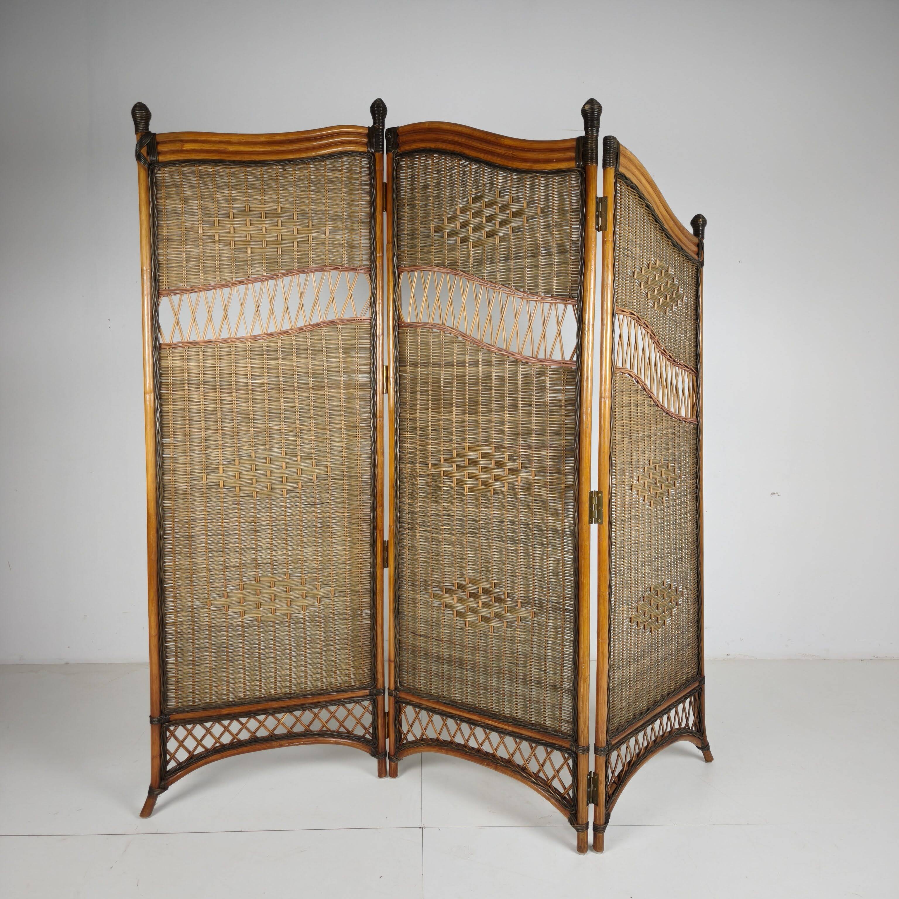 1970s Three-Panel Rattan Room Divider with Wicker Panels