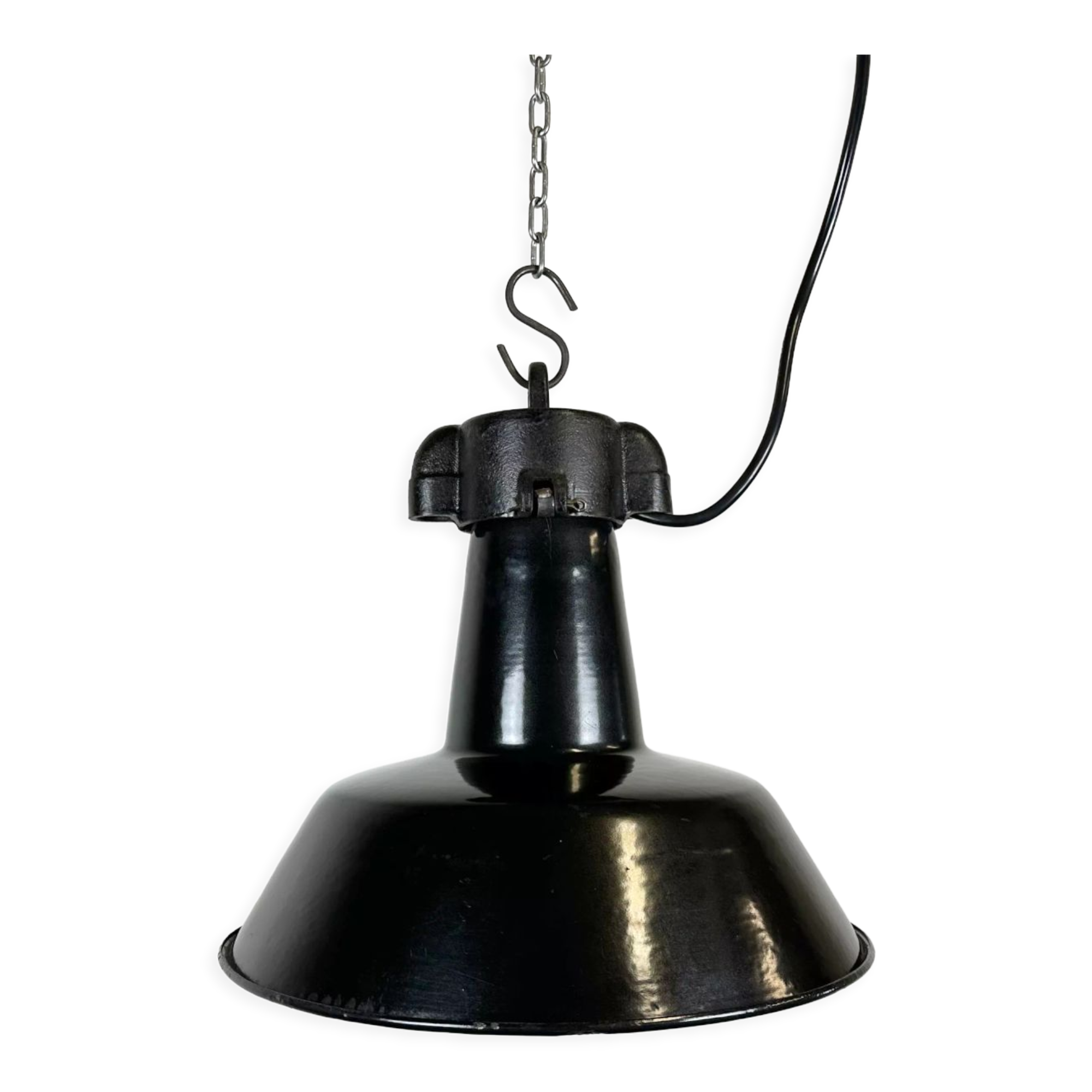 Industrial Black Enamel Factory Lamp with Cast Iron Top, 1960s