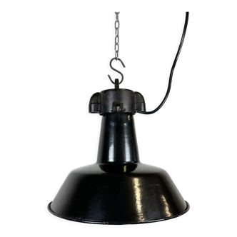 Industrial Black Enamel Factory Lamp with Cast Iron Top, 1960s