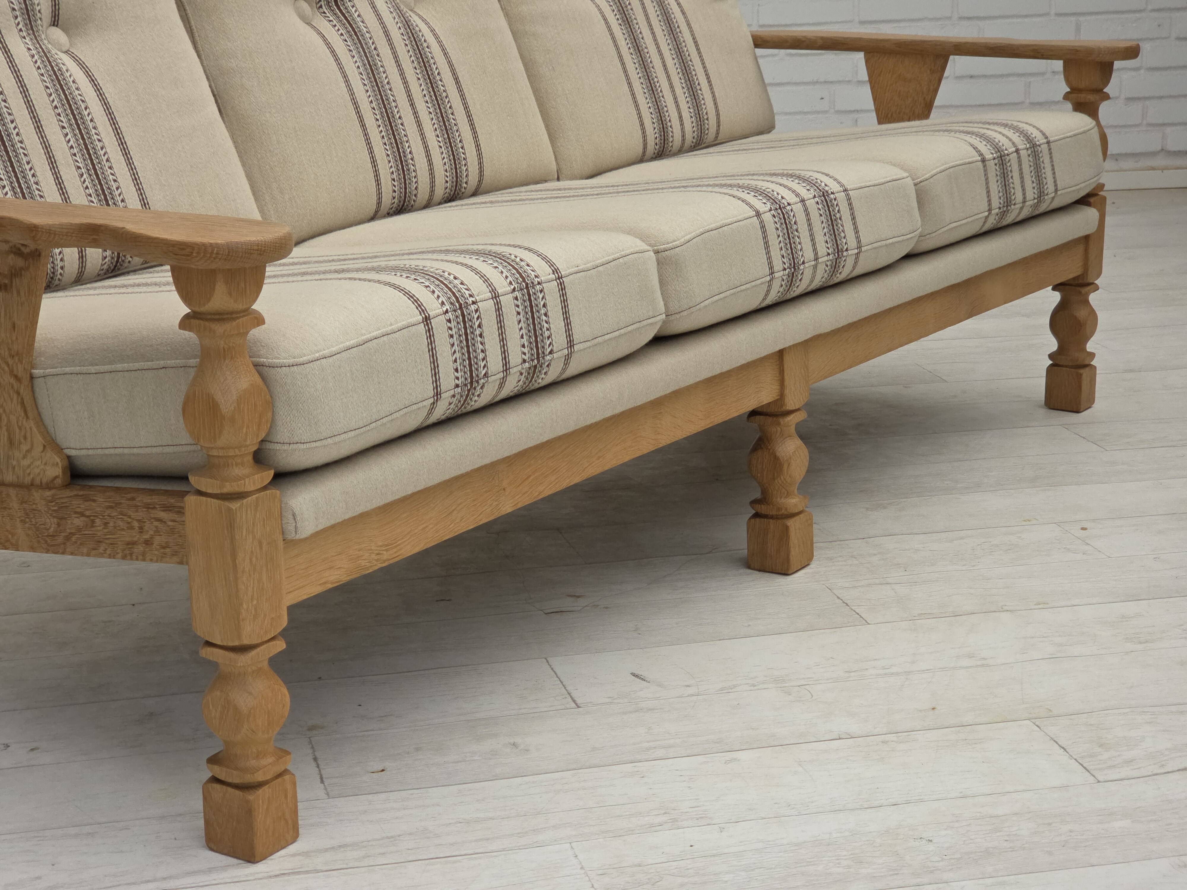 1970s, Danish 3-seater sofa, beige furniture wool, solid oak wood.