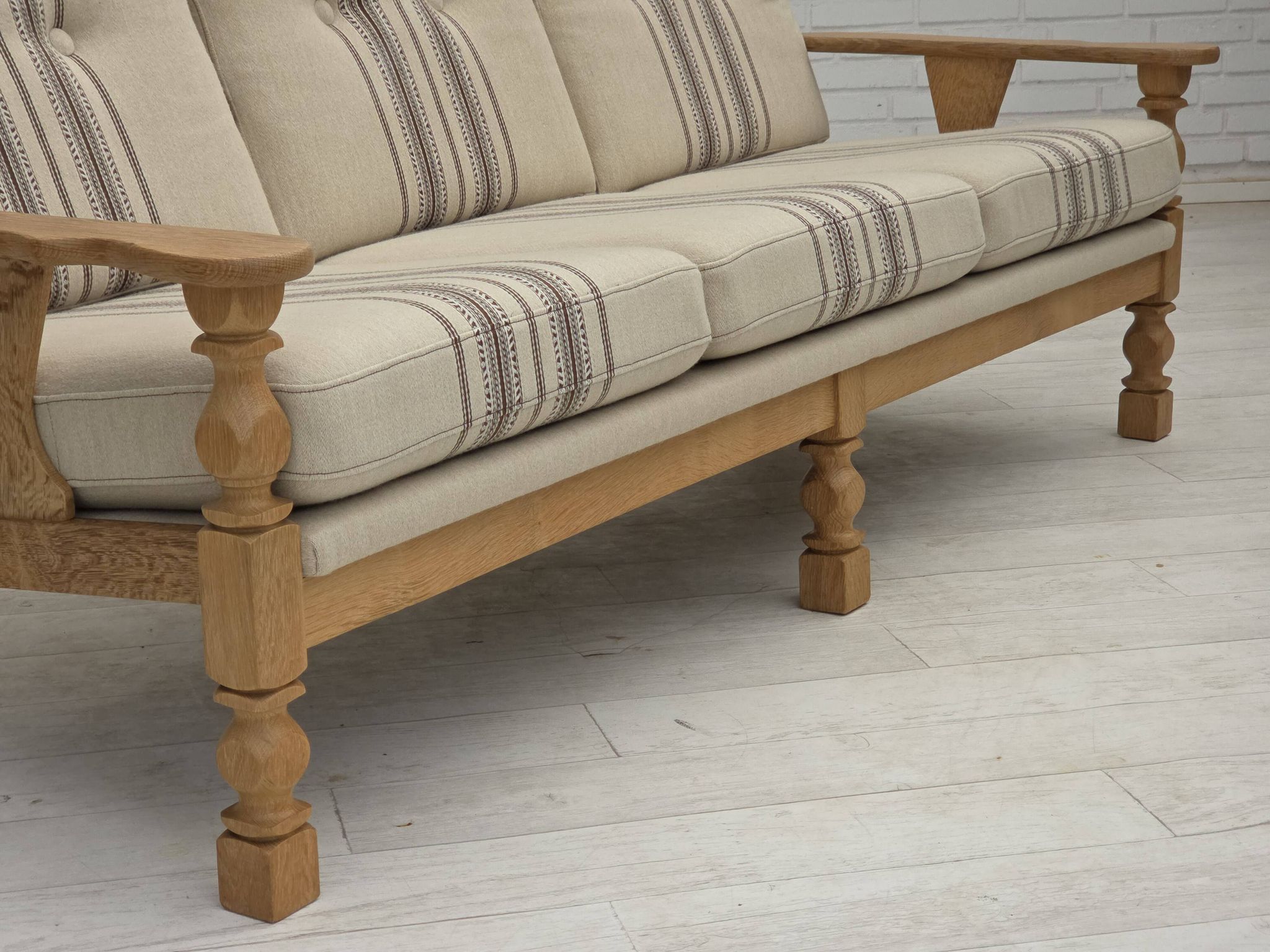 1970s, Danish 3-seater sofa, beige furniture wool, solid oak wood.