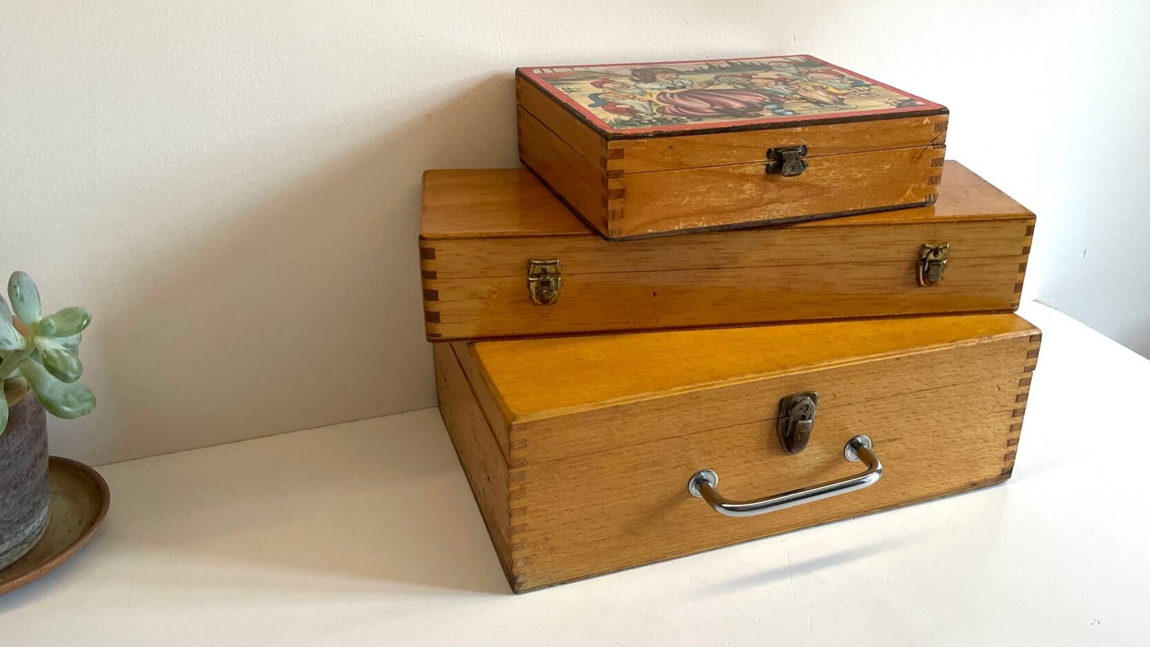 3 vintage dovetail wooden boxes