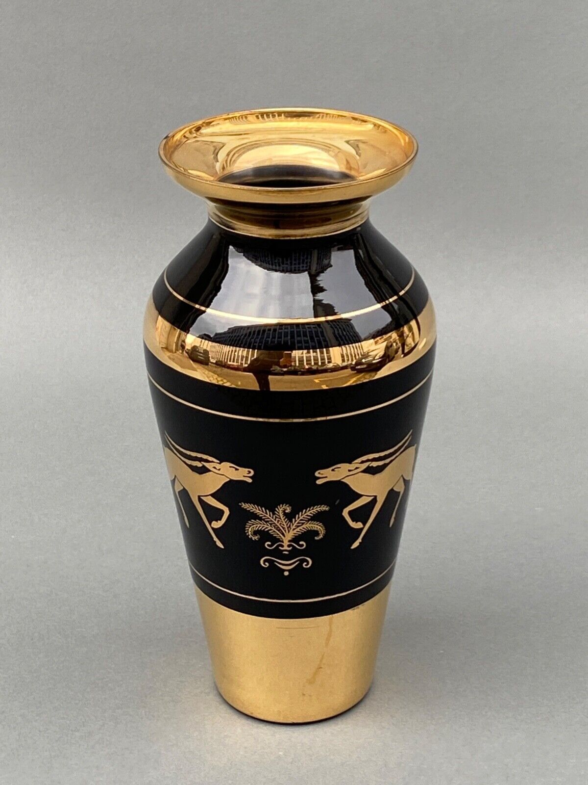 Vase in opaline or opaline glass 1960 decor golden antelopes