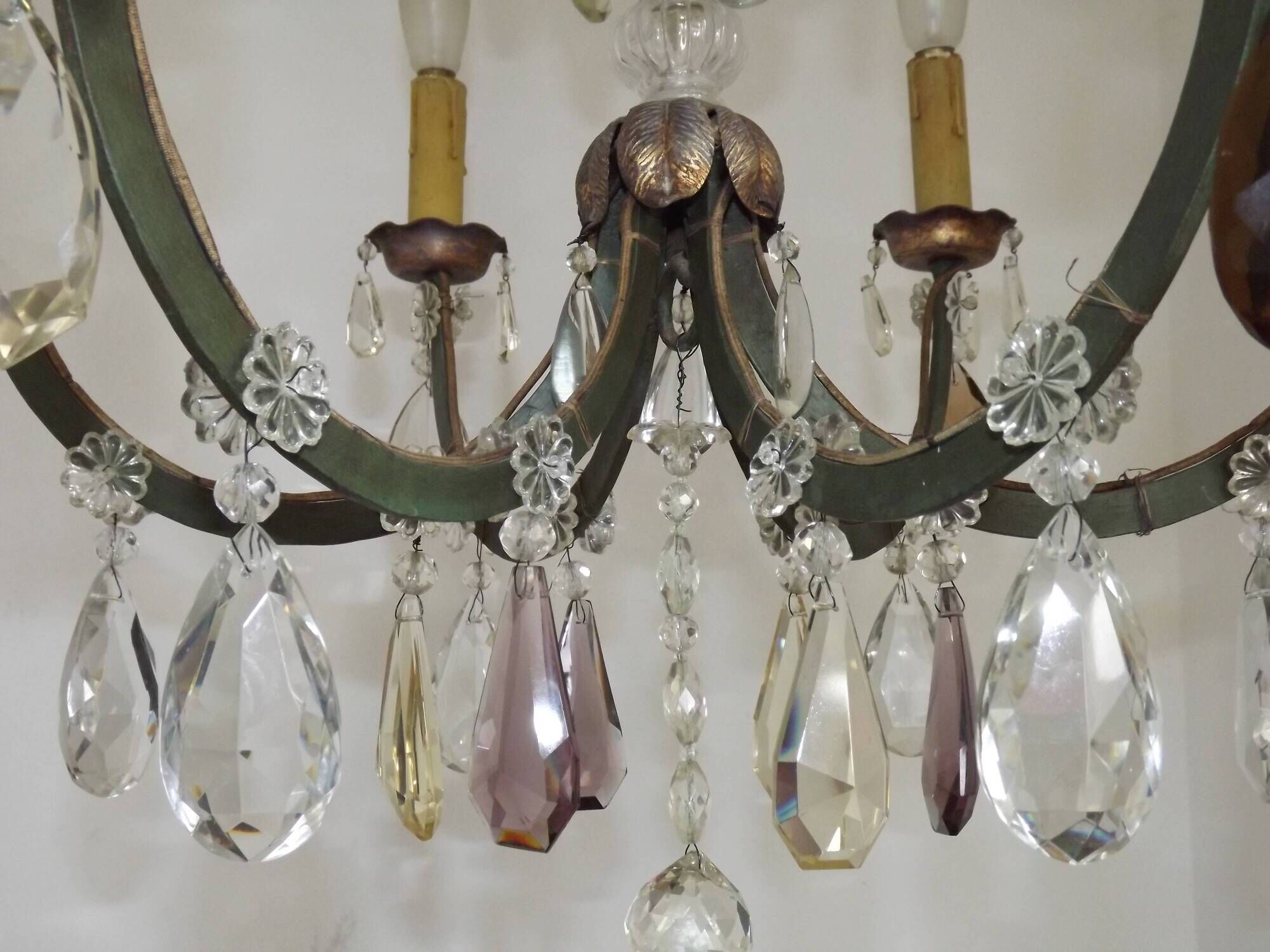 French Art Deco 6-Light Green Finish Bronze Crystal & Glass Chandelier 5343