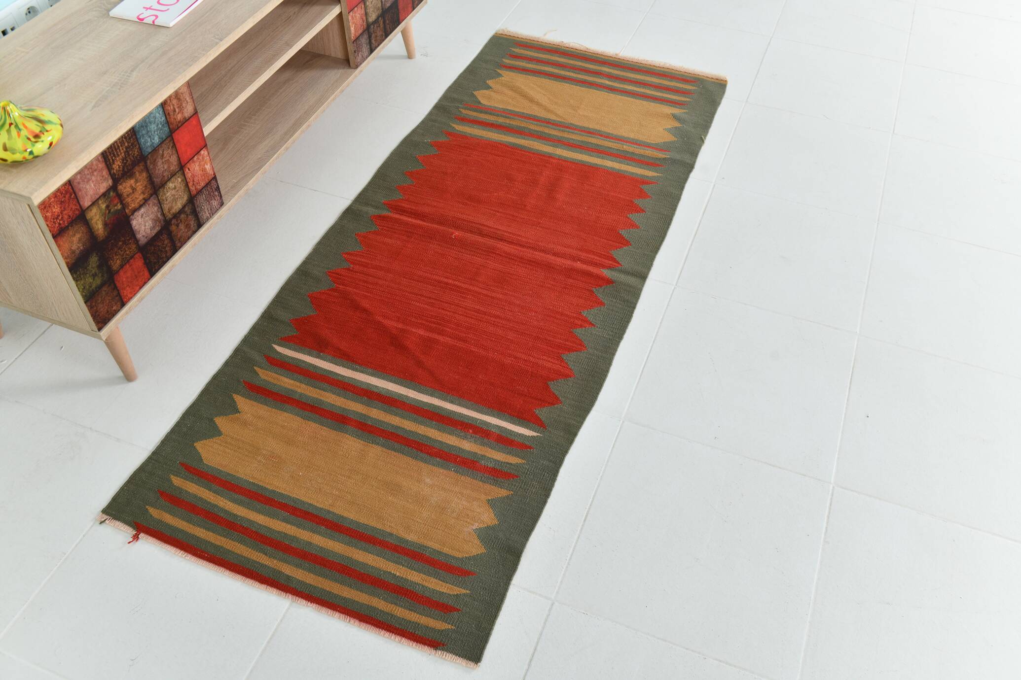 2x6 Red & Green Short Kilim Runner Rug, 73x188Cm