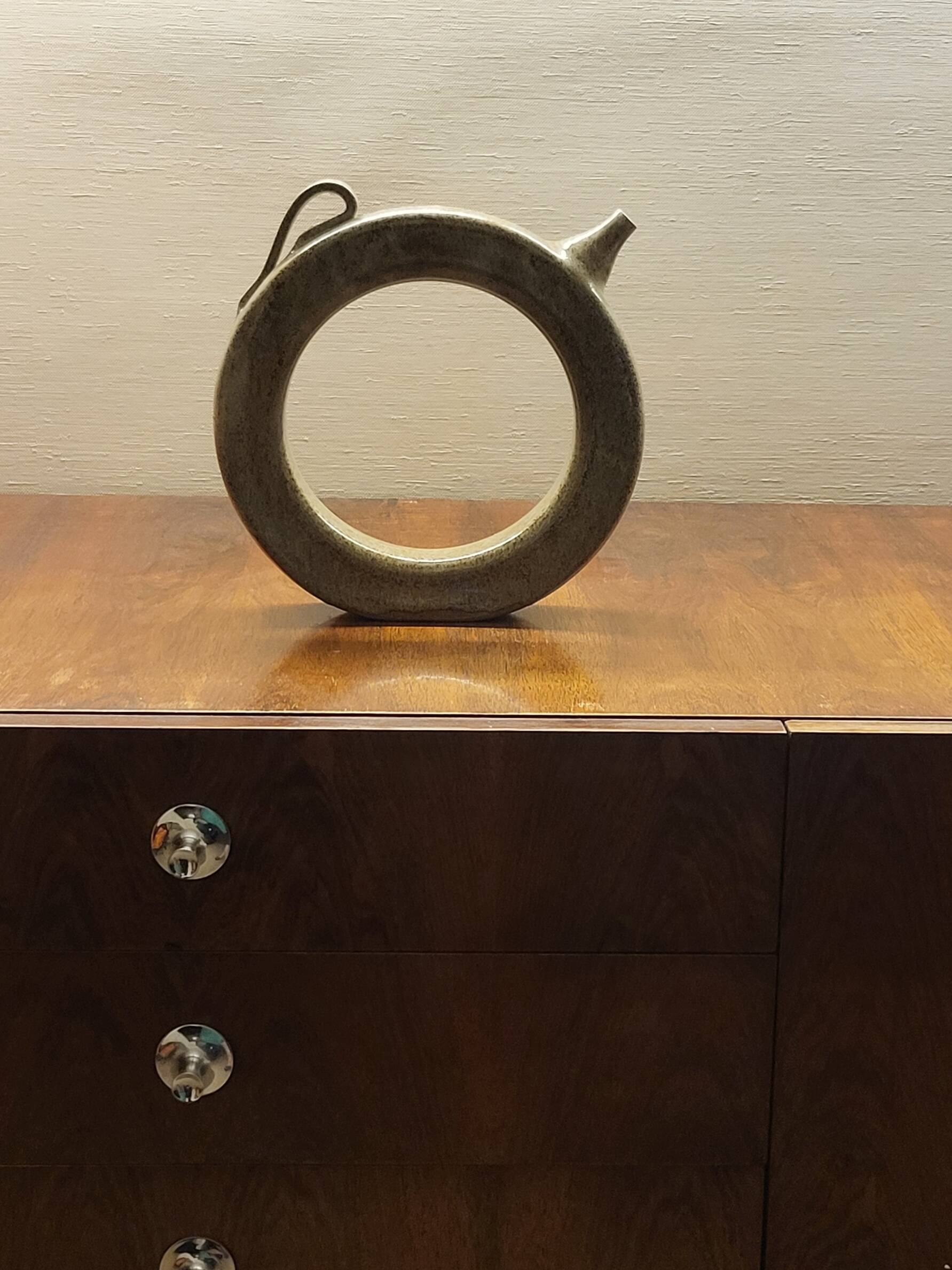 Vintage glazed stoneware pitcher in sculptural ring shape (1970s)