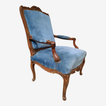 Regence armchair in oak and blue velvet