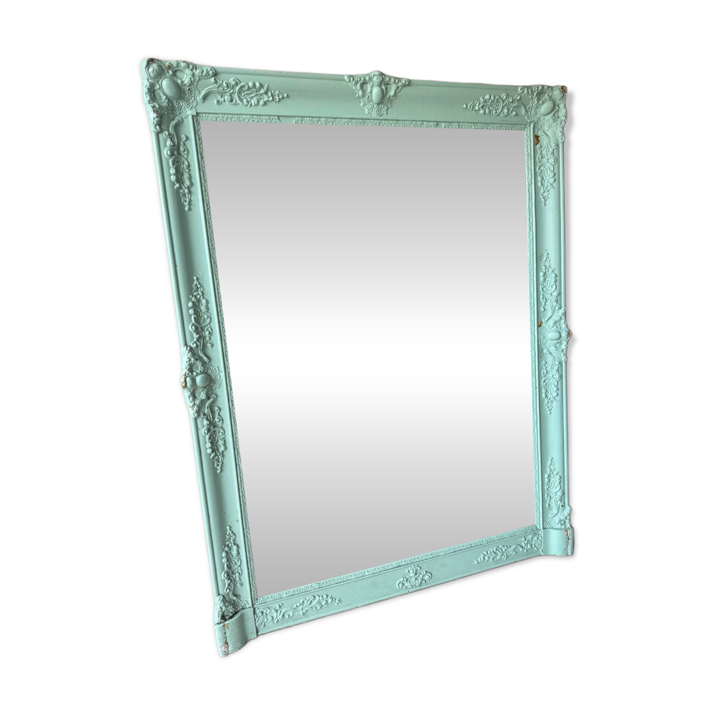 Large antique mercury mirror, patinated blue sculpted frame.
