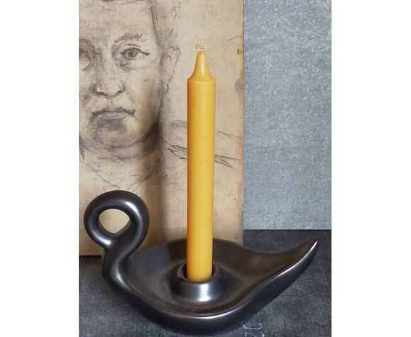 Matt black ceramic cellar rat candle holder 50s