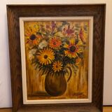 Oil on canvas still life with dahlias vase