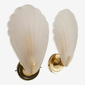 Pair of wall lamps shells glass murano and brass 1960