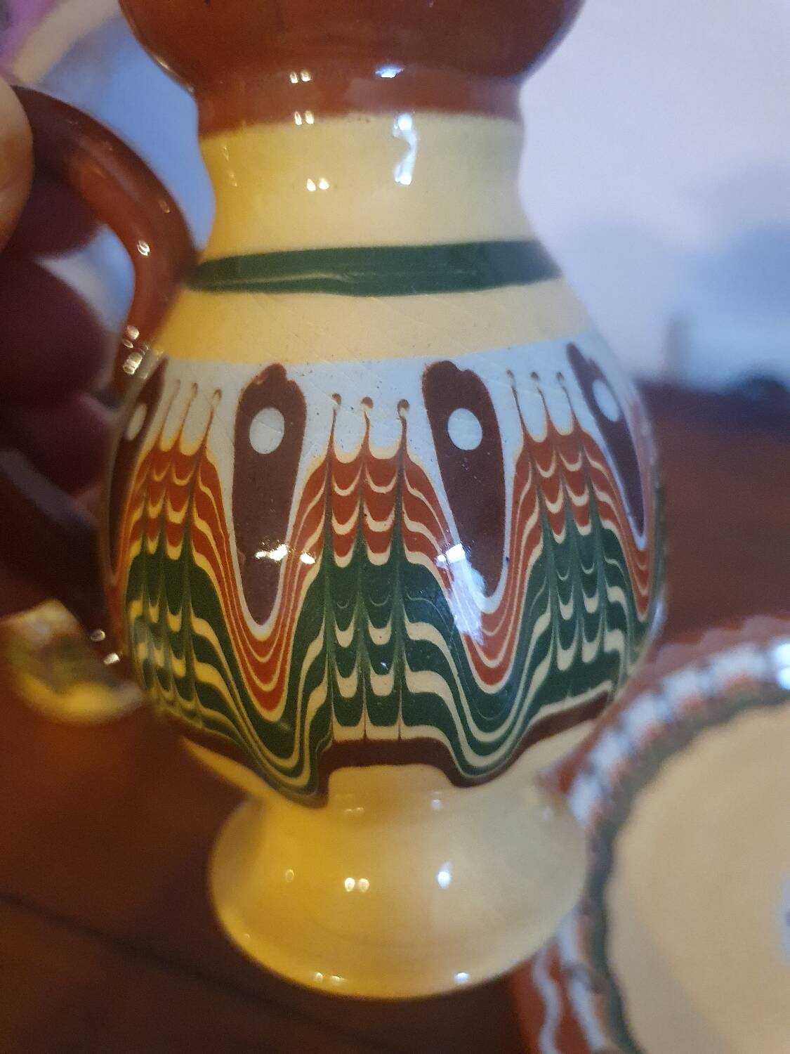 Salt pepper vinegar condiment service in vintage Bulgarian enameled pottery