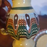 Salt pepper vinegar condiment service in vintage Bulgarian enameled pottery