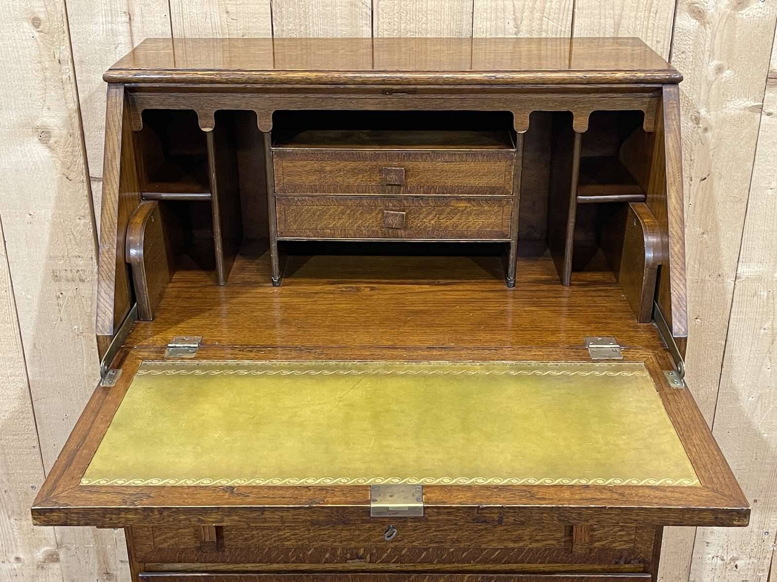 English donkey desk in oak and leather top, 1950s