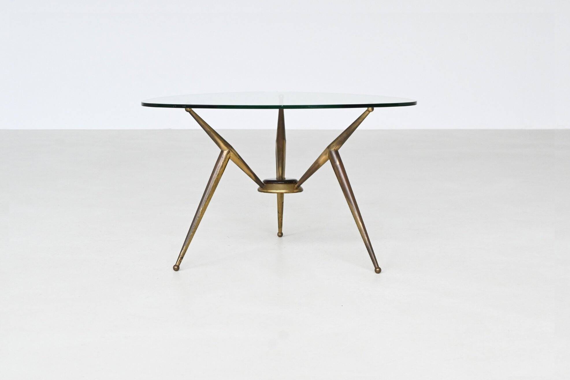 Italian tripod triangle coffee table brass and glass Italy 1950