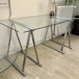 Desk / table on trestles chrome and glass 1970