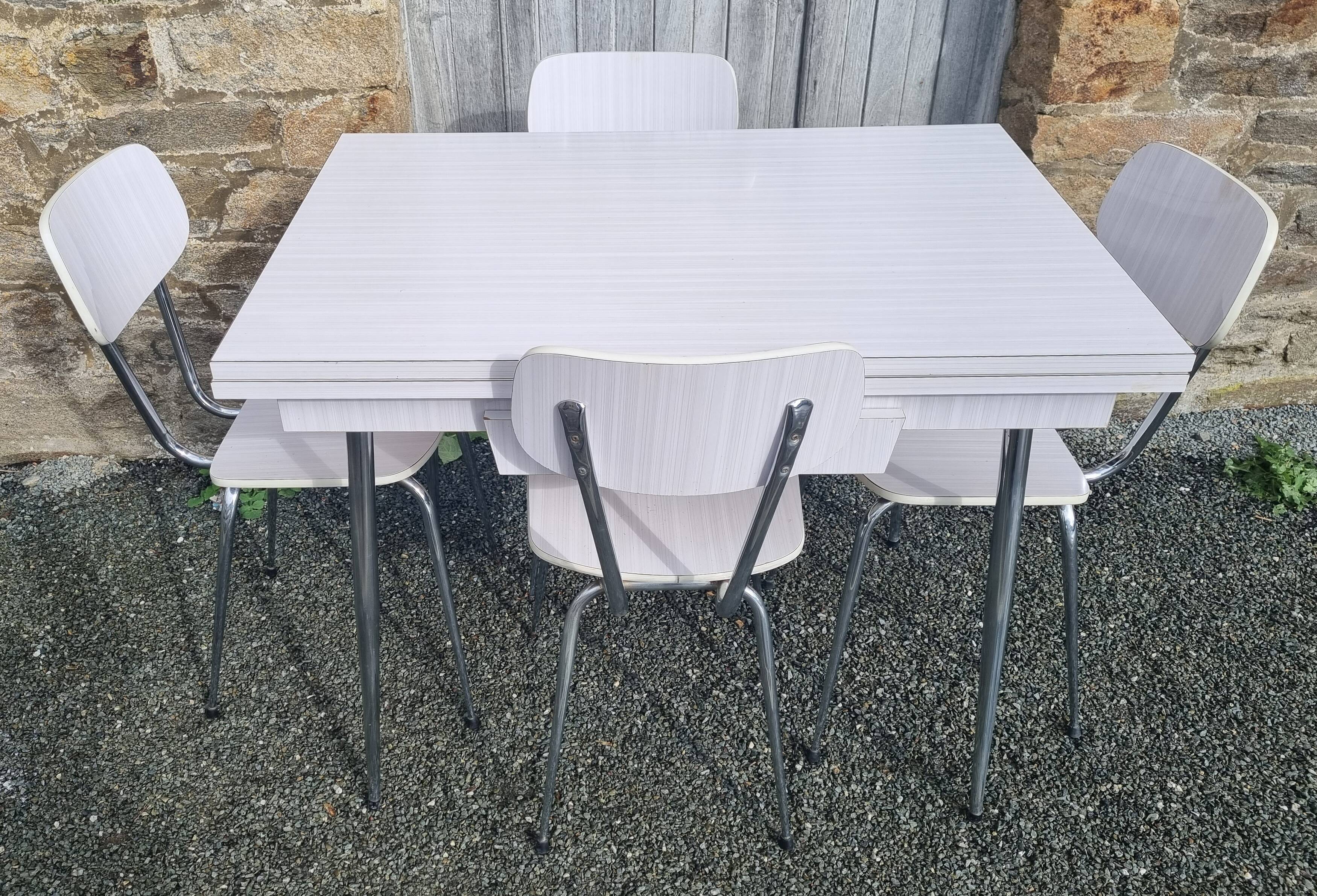 Set in white formica, table and 4 chairs, vintage, 70s