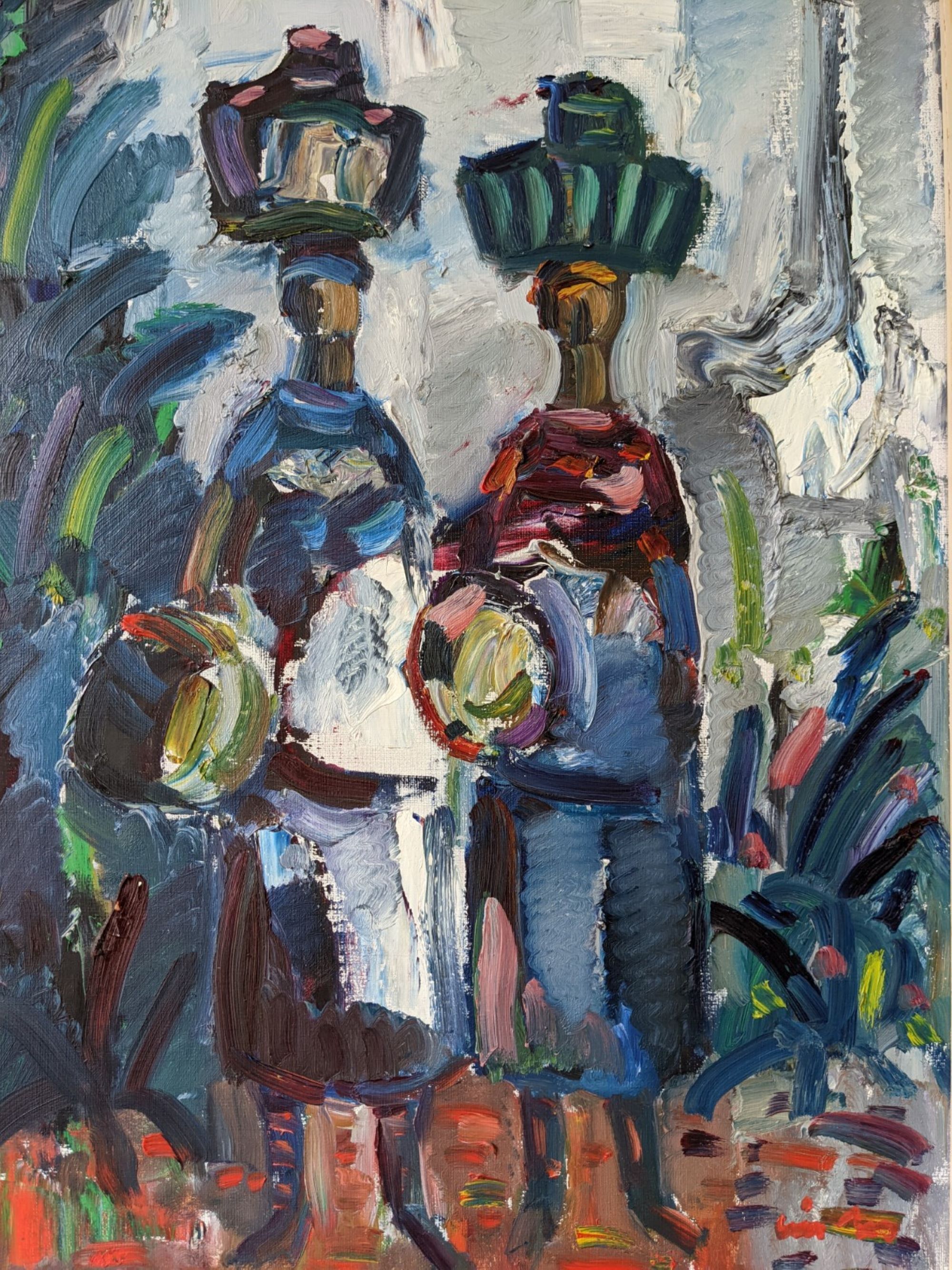 Peinture à l’huile figurative vintage suédoise « Moroccan Ladies » suédoise du milieu du siècle, encadrée