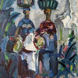 Peinture à l’huile figurative vintage suédoise « Moroccan Ladies » suédoise du milieu du siècle, encadrée