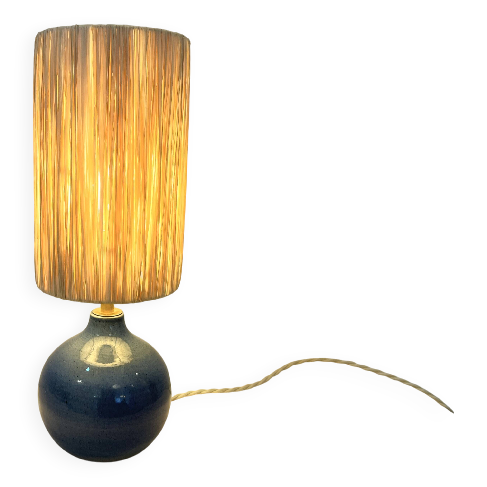 Vintage ball lamp base in blue ceramic stoneware with raffia rope lampshade