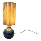 Vintage ball lamp base in blue ceramic stoneware with raffia rope lampshade