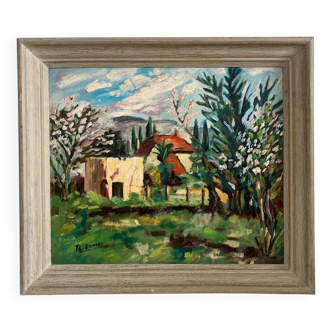 Old oil painting on panel exotic expressionist landscape signed