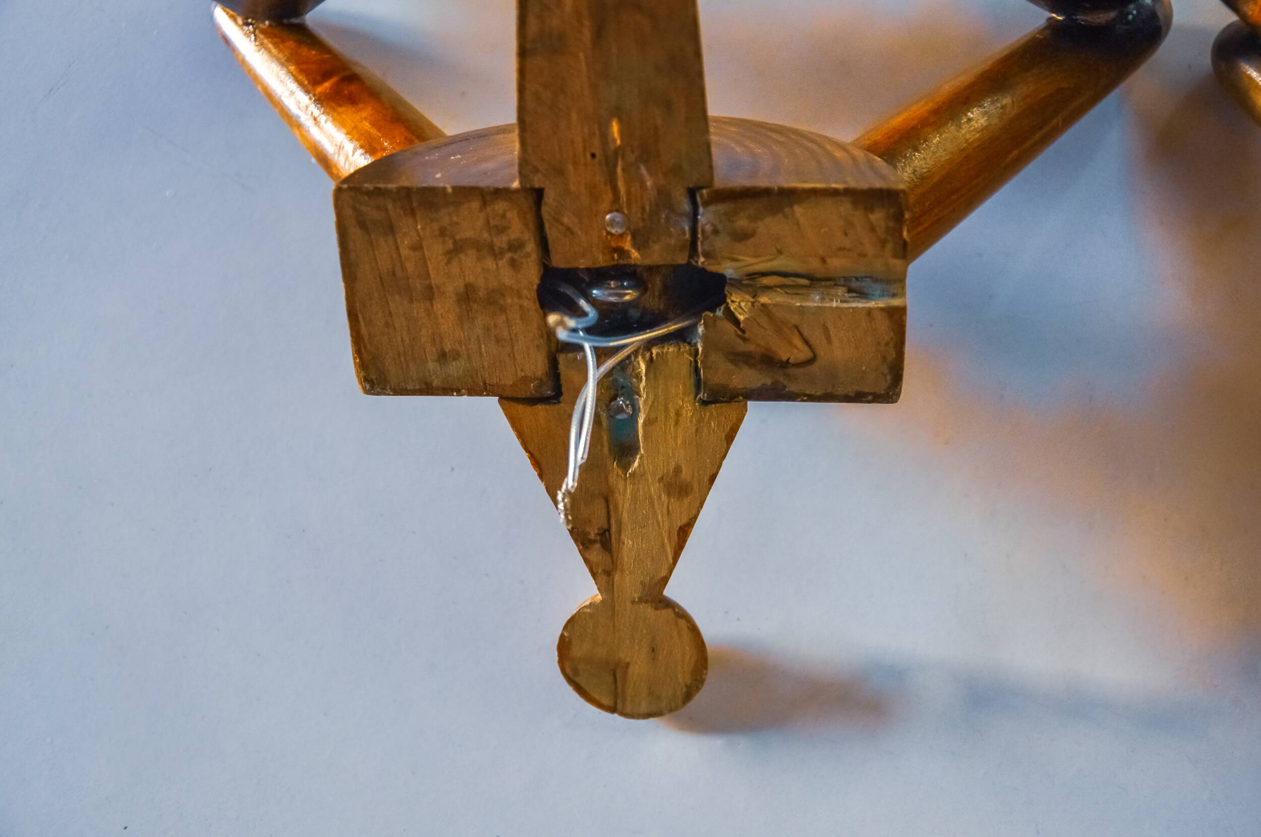 Pair of two-armed art deco wall lights, carved wood, France, 1960