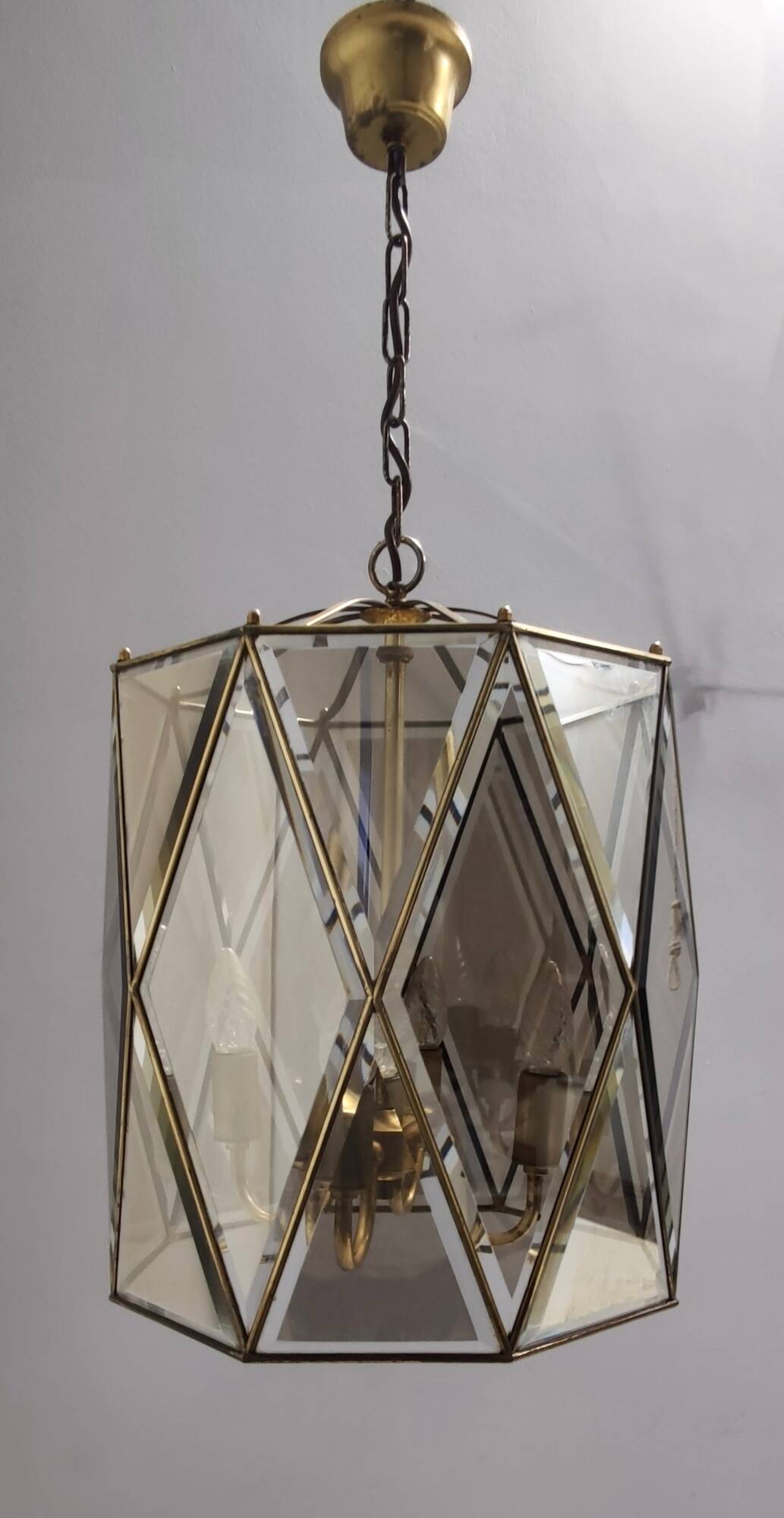 Handmande Octagonal Glass and Brass Pendant Lantern, Italy