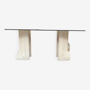 Travertine and smoked glass table, Carlo Scarpa, Italy, 1970s