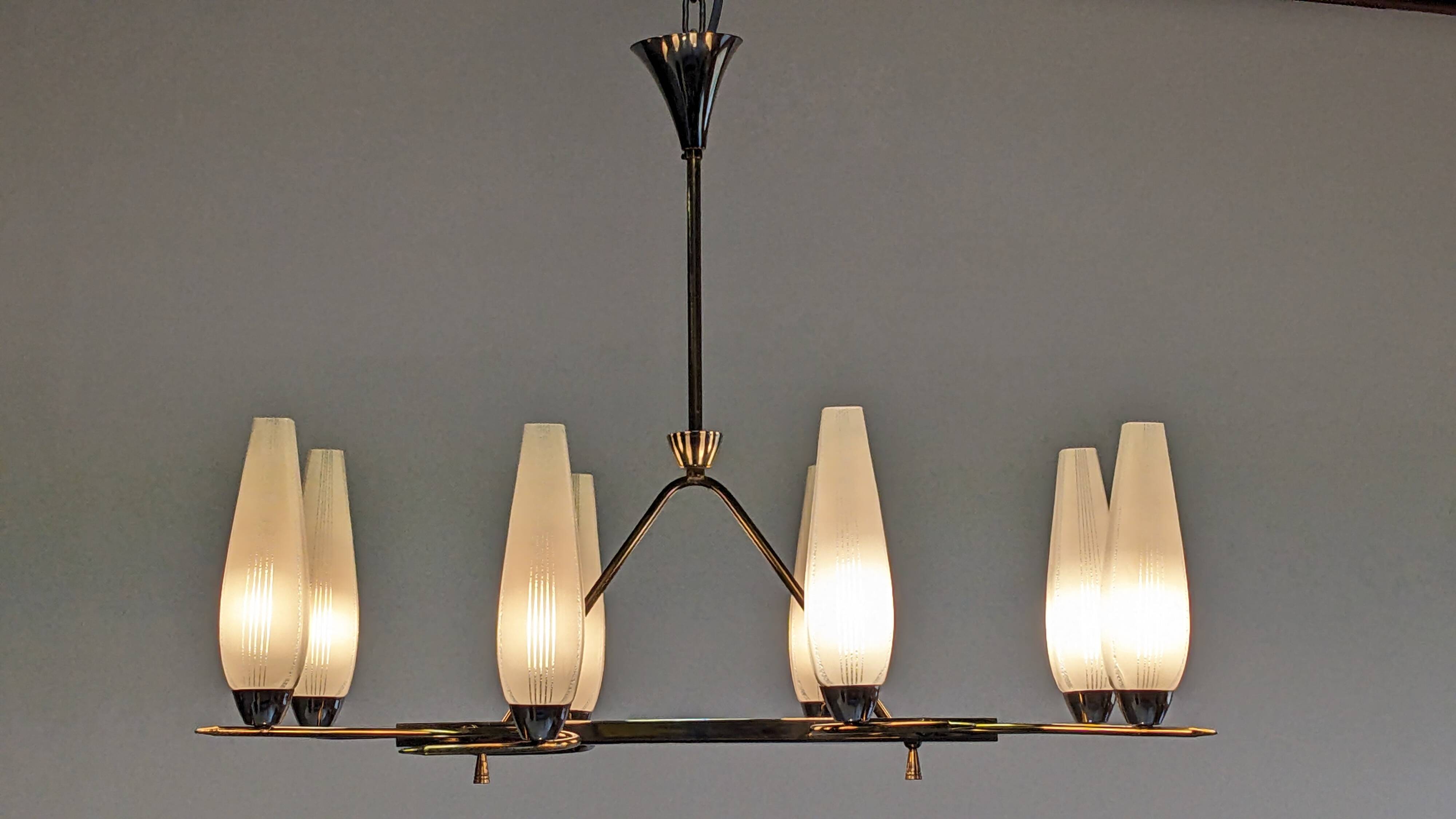 8-light brass chandelier, 50s-60s
