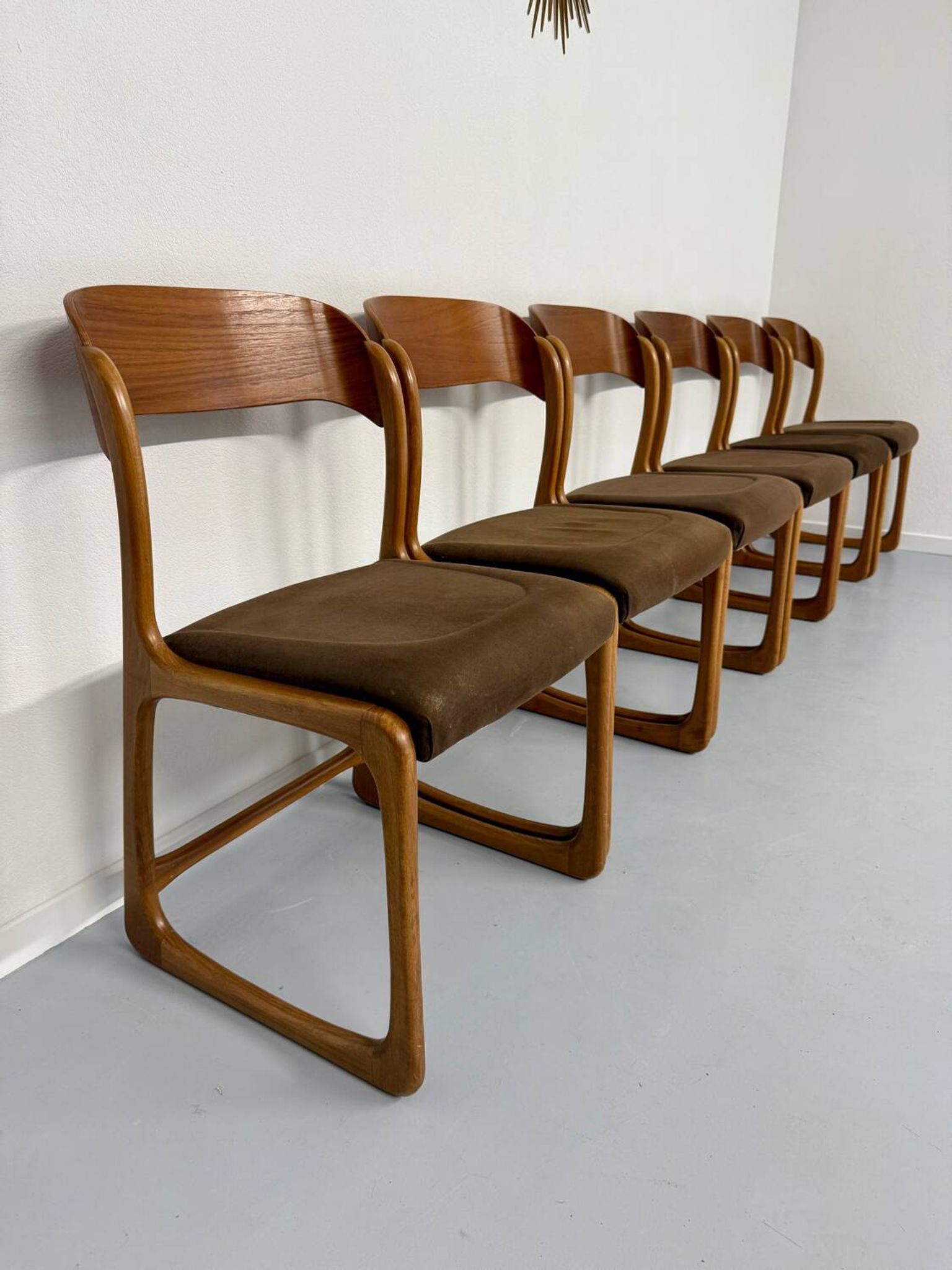 Set of 6 Baumann sleigh chairs in wood and brown fabric, original 1960s