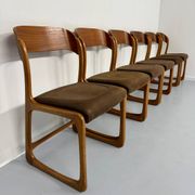 Set of 6 Baumann sleigh chairs in wood and brown fabric, original 1960s