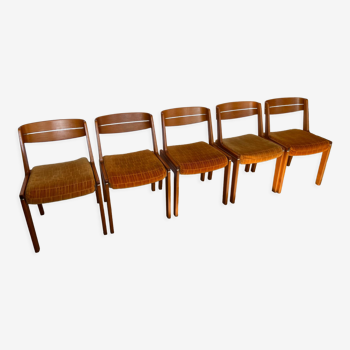 Suite de 5 chaises scandinaves vintage en teck et orange années 70
