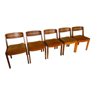 Set of 5 scandinavian chairs vintage teak and orange 70s