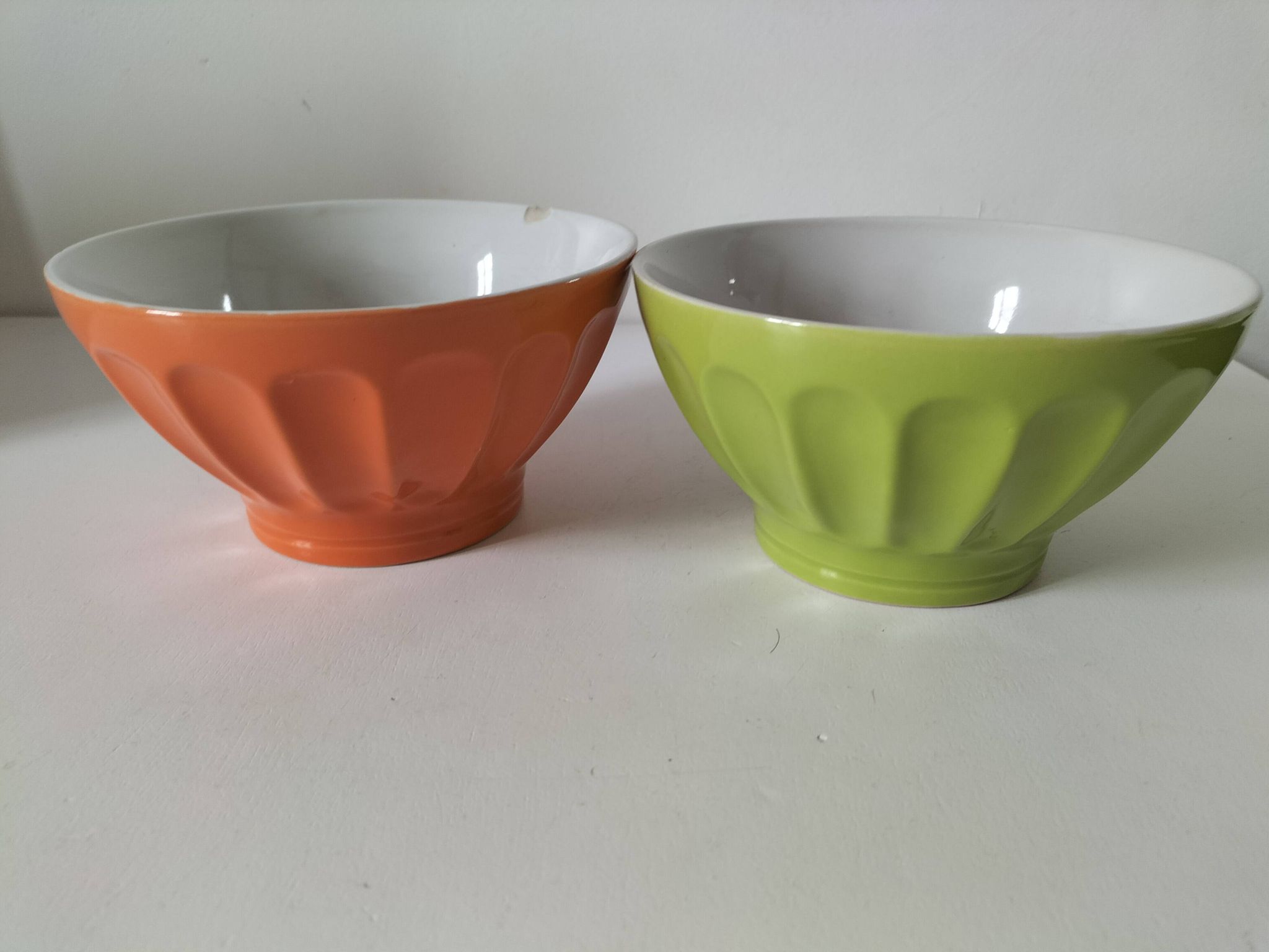 2 large vintage farm bowls in lime green and orange