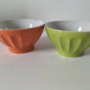 2 large vintage farm bowls in lime green and orange