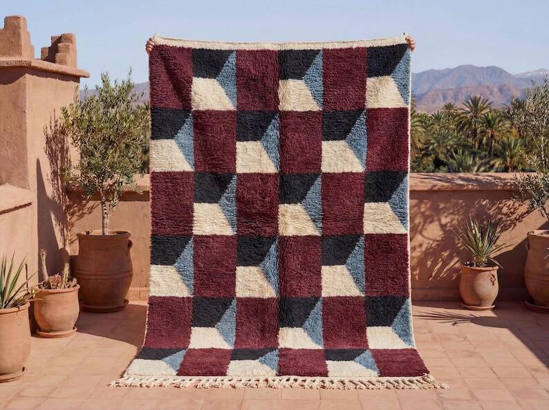 Traditional wool Berber rug with colourful patterns, size 150/250 cm.