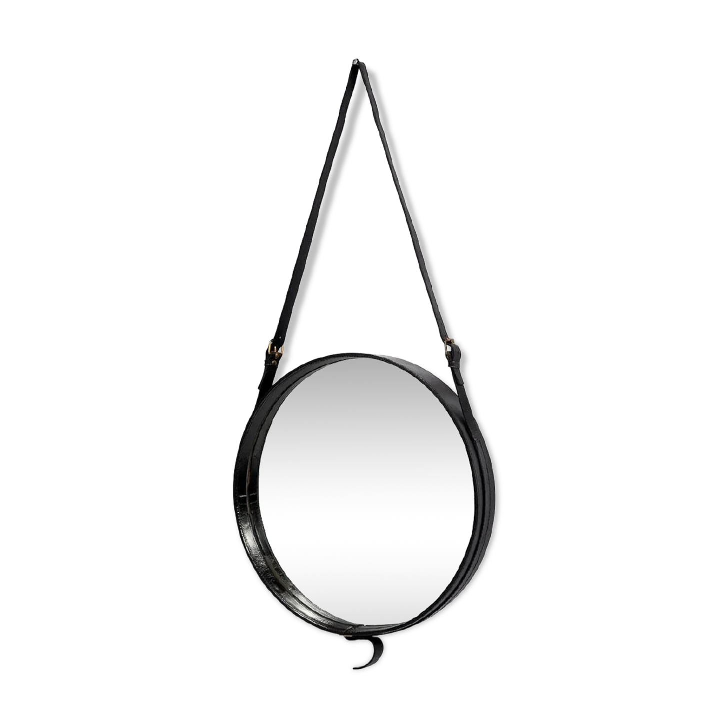 Jacques Adnet circular leather and brass mirror