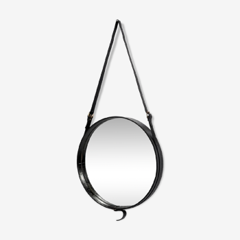 Jacques Adnet circular leather and brass mirror