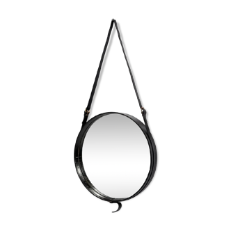 Jacques Adnet miroir circulaire cuir et laiton