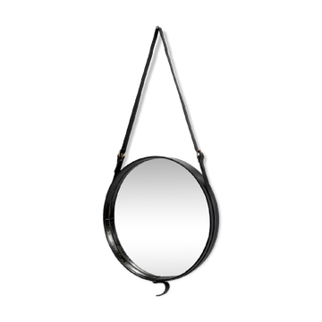 Jacques Adnet miroir circulaire cuir et laiton